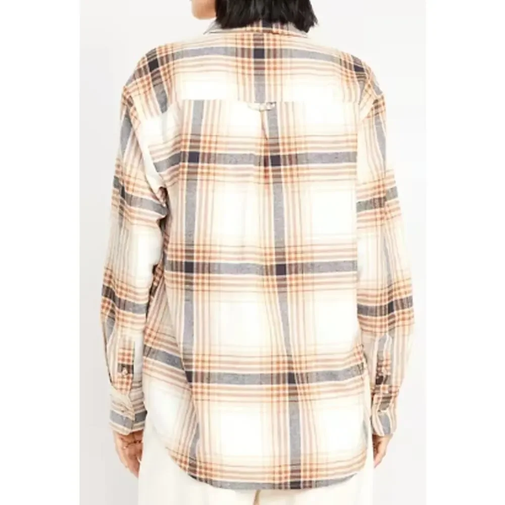 Old Navy Cream Plaid Flannel Boyfriend Button Down Shirt Top NEW XL Womens Warm - Picture 3 of 9